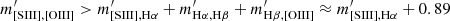 Mathematical equation: $ m^\prime_{\mathrm{[SIII] ,[OIII] }} > m^\prime_{\mathrm{[SIII] ,H\alpha }} + m^\prime_{\mathrm{H\alpha , H\beta}} + m^\prime_{\mathrm{H\beta , [OIII]}} \approx m^\prime_{\mathrm{[SIII] ,H\alpha }} + 0.89 $