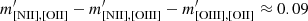 Mathematical equation: $ m^\prime_{\mathrm{[NII],[OII]}}-m^\prime_{\mathrm{[NII],[OIII]}}-m^\prime_{\mathrm{[OIII],[OII]}}\approx 0.09 $