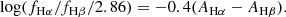 Mathematical equation: $$ \begin{aligned} \log (f_{\rm H\alpha }/f_{\rm H\beta }/2.86) = -0.4(A_{\rm H\alpha } - A_{\rm H\beta }). \end{aligned} $$