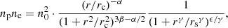 Mathematical equation: $$ \begin{aligned} n_{\mathrm{p} }n_{\mathrm{e} } = n_0^2 \cdot \frac{(r/r_{\rm c})^{-\alpha }}{(1+r^2/r_{\rm c}^2)^{3\beta -\alpha /2}}\frac{1}{(1+r^{\gamma }/{r_{\rm s}}^{\gamma })^{\epsilon /\gamma }}, \end{aligned} $$