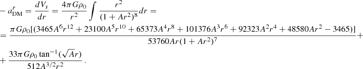 Mathematical equation: $$ \begin{aligned}&-a^r_{\rm DM}=\frac{dV_s}{dr} = \frac{4\pi G\rho _0}{r^2}\int \frac{r^2}{(1+Ar^2)^8}dr=\nonumber \\&= \frac{\pi G \rho _0[(3465 A^6 r^{12} + 23100 A^5 r^{10} + 65373 A^4 r^8 + 101376 A^3 r^6 + 92323 A^2 r^4 + 48580 A r^2 - 3465)]}{53760 Ar (1+A r^2)^7}+\nonumber \\&+ \frac{33\pi G \rho _0 \tan ^{-1}(\sqrt{A}r)}{512A^{3/2}r^2}\,. \end{aligned} $$