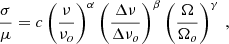 Mathematical equation: $$ \begin{aligned} \frac{\sigma }{\mu } = c \left(\frac{\nu }{\nu _o} \right)^{\alpha } \left(\frac{\Delta \nu }{\Delta \nu _o} \right)^{\beta } \left(\frac{\Omega }{\Omega _o} \right)^{\gamma }\,, \end{aligned} $$