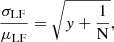 Mathematical equation: $$ \begin{aligned} \frac{\sigma _{\mathrm{LF}}}{\mu _{\mathrm{LF}}} = \sqrt{{y} + \frac{1}{\mathrm{N}}}, \end{aligned} $$