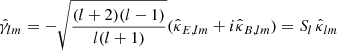 Mathematical equation: $$ \begin{aligned} \hat{\gamma }_{lm}= - \sqrt{\frac{(l+2)(l-1)}{l(l+1)}} ( \hat{\kappa }_{E,lm} + i \hat{\kappa }_{B,lm}) = S_l \, \hat{\kappa }_{lm} \end{aligned} $$