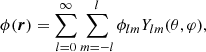 Mathematical equation: $$ \begin{aligned}&\phi (\boldsymbol{r}) = \sum _{l=0}^{\infty } \sum _{m=-l}^{l} \phi _{lm} Y_{lm} (\theta , \varphi ), \end{aligned} $$