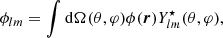 Mathematical equation: $$ \begin{aligned}&\phi _{lm} =\int \mathrm{d}\Omega (\theta , \varphi ) \phi (\boldsymbol{r}) Y_{lm}^{\star } (\theta , \varphi ), \end{aligned} $$