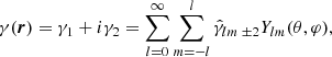 Mathematical equation: $$ \begin{aligned} \gamma (\boldsymbol{r}) = \gamma _{1} + i \gamma _{2} =\sum _{l=0}^{\infty } \sum _{m=-l}^{l}{ \hat{\gamma }_{lm}}{\,}_{{\pm }2}{Y_{lm} (\theta , \varphi )}, \end{aligned} $$