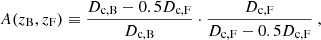 Mathematical equation: $$ \begin{aligned} A(z_{\rm B}, z_{\rm F})\equiv \frac{D_{\rm c, B}-0.5D_{\rm c, F}}{D_{\rm c, B}}\cdot \frac{D_{\rm c, F}}{D_{\rm c, F}-0.5D_{\rm c, F}}\ , \end{aligned} $$