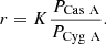 Mathematical equation: $$ \begin{aligned} r = K\frac{P_{\rm Cas\ A}}{P_{\rm Cyg\ A}}. \end{aligned} $$