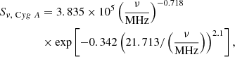 Mathematical equation: $$ \begin{aligned} S_{\nu ,\ \mathrm Cyg\ A}&= 3.835\times 10^5\left(\frac{\nu }{\mathrm{MHz}}\right)^{-0.718}\nonumber \\&\times \exp \left[-0.342\left(21.713/\left(\frac{\nu }{\mathrm{MHz}}\right)\right)^{2.1}\right], \end{aligned} $$