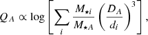 Mathematical equation: $$ \begin{aligned} Q_A \propto \log \left[\sum _{i}\frac{M_{\star i}}{M_{\star A}}\left(\frac{D_{A}}{d_{i}}\right)^{3}\right], \end{aligned} $$