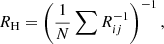 Mathematical equation: $$ \begin{aligned} R_{\rm H} = \left( \frac{1}{N}\sum R_{ij}^{-1}\right)^{-1}, \end{aligned} $$