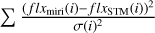 Mathematical equation: $\sum {{{{{\left( {fl{x_{{\rm{miri}}}}\left( i \right) - fl{x_{{\rm{STM}}}}\left( i \right)} \right)}^2}} \over {\sigma {{\left( i \right)}^2}}}}$