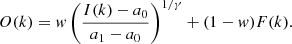 Mathematical equation: $$ \begin{aligned} O(k) = { w} \left(\frac{I(k) - a_0}{a_1 - a_0}\right)^{1/\gamma } + (1-{ w}) F(k) .\end{aligned} $$
