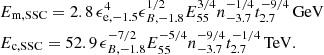 Mathematical equation: $$ \begin{aligned}&E_{\mathrm{m, SSC}} = 2.8\, \epsilon _{\rm e,-1.5}^4 \epsilon _{B,-1.8}^{1/2} E_{55}^{3/4} n_{-3.7}^{-1/4} t_{2.7}^{-9/4} \,\mathrm{GeV} \nonumber \\&E_{\mathrm{c, SSC}} = 52.9\, \epsilon _{B,-1.8}^{-7/2} E_{55}^{-5/4} n_{-3.7}^{-9/4} t_{2.7}^{-1/4}\,\mathrm{TeV} . \end{aligned} $$