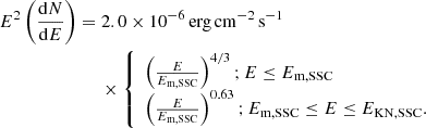 Mathematical equation: $$ \begin{aligned} E^2 \left( \frac{\mathrm{d}N}{\mathrm{d}E} \right)&= 2.0\times 10^{-6}\,\mathrm{erg}\,\mathrm{cm}^{-2}\,\mathrm{s}^{-1} \\&\ \ \ \ \ \times {\left\{ \begin{array}{ll} \left( \frac{E}{E_{\rm m,SSC}} \right)^{4/3}; E \le E_{\mathrm{m, SSC}} \\ \left( \frac{E}{E_{\rm m, SSC}} \right)^{0.63}; E_{\mathrm{m, SSC}} \le E \le E_{\rm KN, SSC} . \end{array}\right.} \nonumber \end{aligned} $$