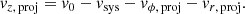 Mathematical equation: $$ \begin{aligned} v_{z,\,\mathrm{proj} }=v_0-v_\mathrm{sys} -v_{\phi ,\,\mathrm{proj} }-v_{r,\,\mathrm{proj} }. \end{aligned} $$