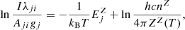 Mathematical equation: $$ \begin{aligned} \ln {\frac{I \lambda _{ji}}{A_{ji} g_{j}}} = - \frac{1}{k_{\mathrm{B} } T} E^{Z}_{j} + \ln {\frac{hcn^Z}{4\pi Z^Z(T)}}, \end{aligned} $$