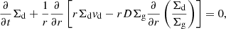 Mathematical equation: $$ \begin{aligned} \frac{\partial }{\partial t} \Sigma _\mathrm{d} + \frac{1}{r} \frac{\partial }{\partial r} \left[ r \Sigma _\mathrm{d} {v}_\mathrm{d} - r D \Sigma _\mathrm{g} \frac{\partial }{\partial r} \left( \frac{\Sigma _\mathrm{d} }{\Sigma _\mathrm{g} } \right) \right] = 0, \end{aligned} $$