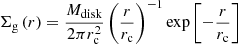 Mathematical equation: $$ \begin{aligned} \Sigma _\mathrm{g} \left( r \right) = \frac{M_\mathrm{disk} }{2\pi r_\mathrm{c} ^2} \left( \frac{r}{r_\mathrm{c} } \right)^{-1} \exp \left[ - \frac{r}{r_\mathrm{c} } \right] \end{aligned} $$