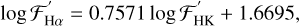Mathematical equation: $\log {\cal F}_{{\rm{H}}\alpha }^{^\prime } = 0.7571\log {\cal F}_{{\rm{HK}}}^{^\prime } + 1.6695,$