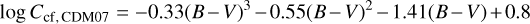 Mathematical equation: $\log {C_{{\rm{cf,CDM07}}}} = - 0.33{\left( {B - V} \right)^3} - 0.55{\left( {B - V} \right)^2} - 1.41\left( {B - V} \right) + 0.8$