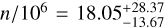 Mathematical equation: $n/{10^6} = 18.05_{ - 13.67}^{ + 28.37}$