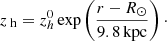 Mathematical equation: $$ \begin{aligned} z_{\text{ h}}=z^0_h\exp \left(\frac{r-R_\odot }{9.8 \,\mathrm{kpc}}\right)\cdot \end{aligned} $$