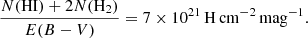 Mathematical equation: $$ \begin{aligned} \frac{N(\mathrm{HI})+2N(\mathrm{H}_2)}{E(B-V)}=7\times 10^{21} \,\mathrm{H}\,\mathrm{cm}^{-2}\,\mathrm{mag}^{-1}. \end{aligned} $$