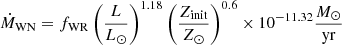 Mathematical equation: $$ \begin{aligned} \dot{{M}}_{\mathrm{WN}} = f_{\mathrm{WR}} \left(\frac{{L}}{{L}_\odot }\right)^{1.18} \left(\frac{{Z}_\mathrm{init} }{{Z}_\odot }\right)^{0.6} \times 10^{-11.32} \frac{{{M}_{\odot }}}{\mathrm{yr}} \end{aligned} $$