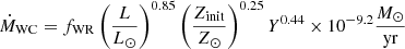 Mathematical equation: $$ \begin{aligned} \dot{{M}}_{\mathrm{WC}} = f_{\mathrm{WR}} \left(\frac{{L}}{{L}_\odot }\right)^{0.85} \left(\frac{{Z}_\mathrm{init} }{{Z}_\odot }\right)^{0.25} {Y}^{{0.44}}\times 10^{-9.2} \frac{{{M}_{\odot }}}{\mathrm{yr}} \end{aligned} $$
