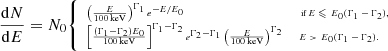 Mathematical equation: $$ \begin{aligned} \tiny \frac{\mathrm{d}N}{\mathrm{d}E} = N_0 {\left\{ \begin{array}{ll} \left( \frac{E}{100\,\mathrm{keV} } \right)^{\Gamma _1} e^{-E/E_0}&\text{ if } E\leqslant \, E_0(\Gamma _1-\Gamma _2),\\ \left[\frac{(\Gamma _1-\Gamma _2) E_0}{100\,\mathrm{keV} } \right]^{\Gamma _1-\Gamma _2} e^{\Gamma _2-\Gamma _1} \left( \frac{E}{100\ \mathrm{keV} } \right)^{\Gamma _2}&E > \, E_0(\Gamma _1-\Gamma _2). \end{array}\right.} \end{aligned} $$