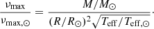 Mathematical equation: $$ \begin{aligned}&\frac{\nu _{\rm max}}{\nu _{\rm max, \odot }} = \frac{{M/M_{\odot }}}{(R/R_{\odot })^2 \sqrt{T_{\rm eff}/T_{\rm eff,\odot }}}\cdot \end{aligned} $$