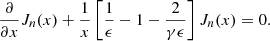 Mathematical equation: $$ \begin{aligned} \frac{\partial }{\partial x} J_n(x) + \frac{1}{x} \left[ \frac{1}{\epsilon } - 1 - \frac{2}{\gamma \epsilon } \right] J_n(x) = 0. \end{aligned} $$