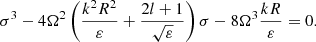 Mathematical equation: $$ \begin{aligned} \sigma ^3- 4\Omega ^2 \left(\frac{k^2R^2}{\varepsilon }+\frac{2l+1}{\sqrt{\varepsilon }}\right) \sigma -8\Omega ^3 \frac{k R}{\varepsilon } =0. \end{aligned} $$