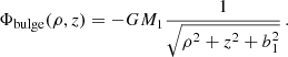 Mathematical equation: $$ \begin{aligned} \Phi _\mathrm{bulge} (\rho ,z) =-GM_1\frac{1}{\sqrt{\rho ^2+z^2+b_1^2}}\,. \end{aligned} $$