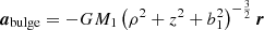 Mathematical equation: $$ \begin{aligned} \boldsymbol{a}_\mathrm{bulge} =-GM_1\left(\rho ^2+z^2+b_1^2\right)^{-\frac{3}{2}}\boldsymbol{r}\, \end{aligned} $$