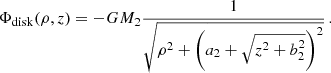 Mathematical equation: $$ \begin{aligned} \Phi _\mathrm{disk} (\rho ,z) =-GM_2\frac{1}{\sqrt{\rho ^2+\left( a_2 + \sqrt{z^2+b_2^2}\right)^2} }\,. \end{aligned} $$