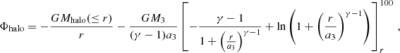 Mathematical equation: $$ \begin{aligned} \Phi _\mathrm{halo} =-\frac{GM_\mathrm{halo} (\le r)}{r} - \frac{GM_3}{(\gamma -1)a_3} \left[-\frac{\gamma -1}{1+\left(\frac{r}{a_3}\right)^{\gamma -1}} +\ln \left(1+\left(\frac{r}{a_3}\right)^{\gamma -1}\right)\right]_{r}^{100}\,, \end{aligned} $$