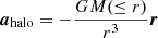 Mathematical equation: $$ \begin{aligned} \boldsymbol{a}_\mathrm{halo} =-\frac{GM(\le r)}{r^3}\boldsymbol{r} \end{aligned} $$