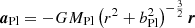 Mathematical equation: $$ \begin{aligned} \boldsymbol{a}_\mathrm{Pl} =-GM_\mathrm{Pl} \left(r^2+b_\mathrm{Pl} ^2\right)^{-\frac{3}{2}}\boldsymbol{r} \end{aligned} $$