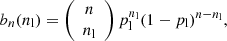Mathematical equation: $$ \begin{aligned} b_n(n_\mathrm{l} ) = \left({\begin{array}{c}n\\ n_\mathrm{l} \end{array}}\right) p_\mathrm{l} ^{n_\mathrm{l} } (1-p_\mathrm{l} )^{n-n_\mathrm{l} }, \end{aligned} $$