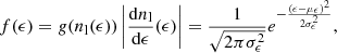 Mathematical equation: $$ \begin{aligned} f(\epsilon ) = g(n_\mathrm{l} (\epsilon ))\left|\frac{\mathrm{d}n_\mathrm{l} }{\mathrm{d}\epsilon }(\epsilon )\right| = \frac{1}{\sqrt{2\pi \sigma _\epsilon ^2}} e^{-\frac{\left(\epsilon -\mu _\epsilon \right)^2}{2\sigma _\mathrm \epsilon ^2}}, \end{aligned} $$