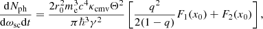 Mathematical equation: $$ \begin{aligned} \frac{\mathrm{d}N_{\rm ph}}{\mathrm{d}\omega _{\rm sc} \mathrm{d}t} = \frac{2r_0^2m_{\rm e}^3c^4\kappa _{\rm cmv}\Theta ^2}{\pi \hbar ^3 \gamma ^2}\left[\frac{{q}^2}{2(1-{q})}F_1(x_0) + F_2(x_0)\right], \end{aligned} $$
