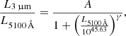 Mathematical equation: $$ \begin{aligned} \frac{L_{3\,\upmu \mathrm{m}}}{L_{5100\,{\AA }}} = \frac{A}{1+ \left(\frac{L_{5100\,{\AA }}}{10^{45.63}}\right)^{\gamma }}, \end{aligned} $$