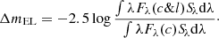 Mathematical equation: $$ \begin{aligned} \Delta m_{\rm EL} = -2.5 \log \frac{\int \lambda F_{\lambda }(c \& l){S\!}_{\lambda }\mathrm{d}\lambda }{\int \lambda F_{\lambda }(c) {S\!}_{\lambda }\mathrm{d}\lambda }\cdot \end{aligned} $$