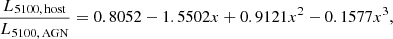 Mathematical equation: $$ \begin{aligned} \frac{L_{\rm 5100,\,host}}{L_{\rm 5100,\,AGN}} = 0.8052 -1.5502x + 0.9121x^{2} - 0.1577x^{3}, \end{aligned} $$