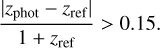 Mathematical equation: ${{\left| {{z_{{\rm{phot}}}} - {z_{{\rm{ref}}}}} \right|} \over {1 + {z_{{\rm{ref}}}}}} > 0.15.$