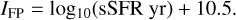 Mathematical equation: ${I_{{\rm{FP}}}} = {\log _{10}}\left( {{\rm{sSFR}}\,{\rm{yr}}} \right) + 10.5.$