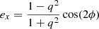 Mathematical equation: $$ \begin{aligned} e_{x} = \frac{1-q^2}{1+q^2} \cos (2\phi ) \end{aligned} $$